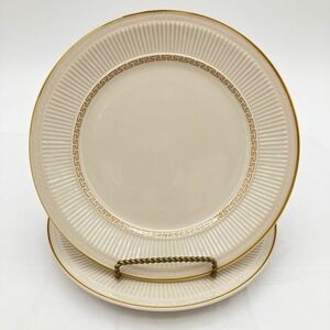 Shenango China Luncheon Plates Buckingham 9 1/8" Cream Gold Interpace Set of 2
